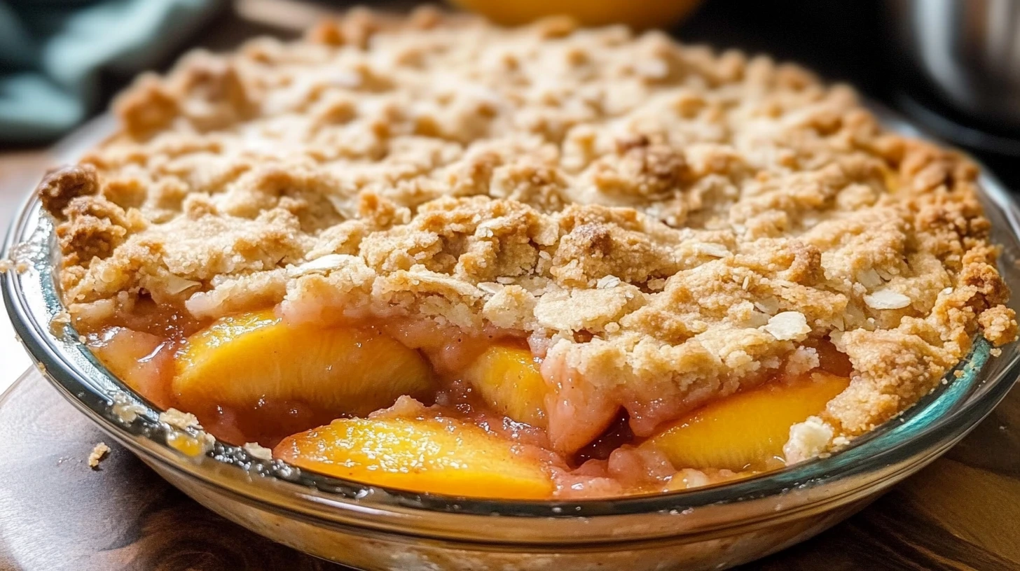 A freshly baked peach crumble served with vanilla ice cream.