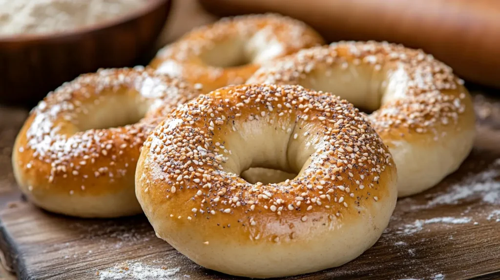 Flat sourdough bagels on a wooden board with baking tools.