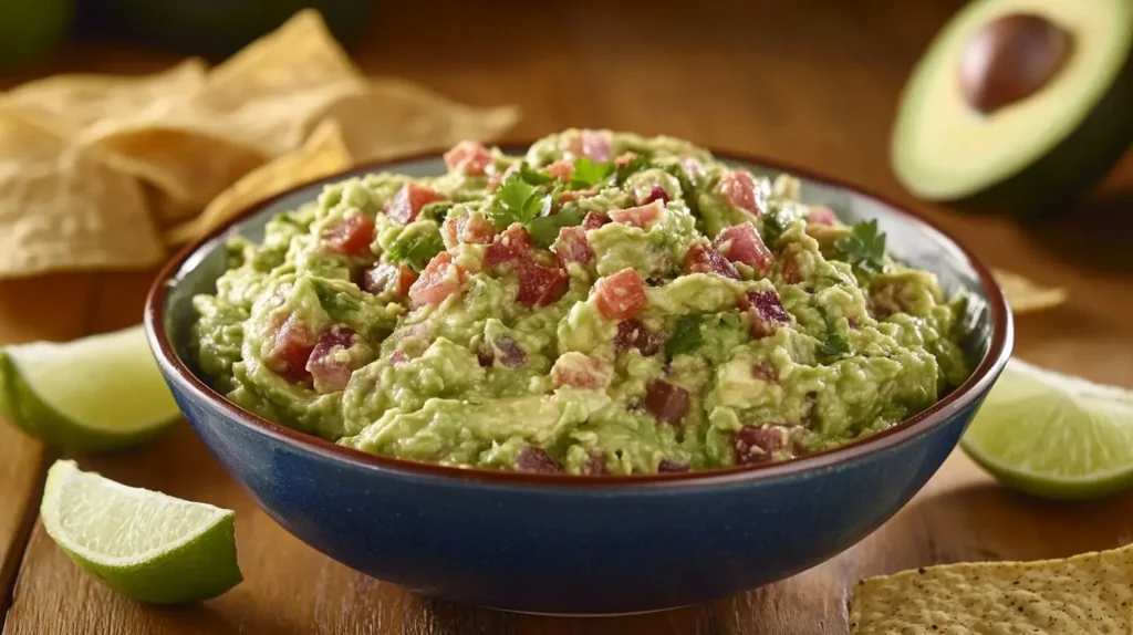 Fresh Guacamole On Rustic Table