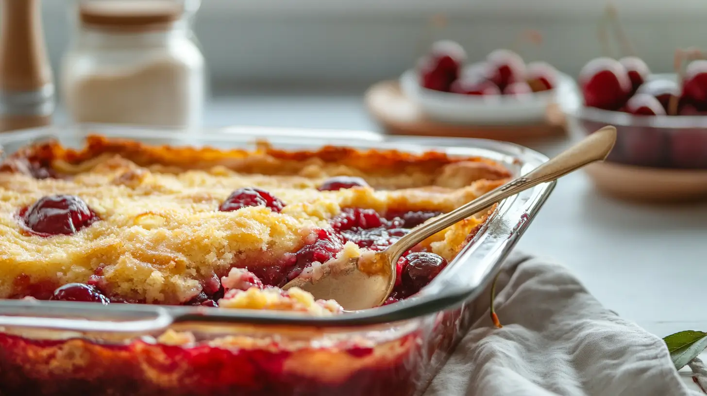 Freshly baked cherry dump cake in a glass dish.