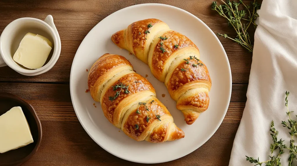 A plate of gluten-free crescent rolls on a rustic table.