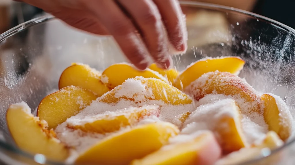 Preparing peach slices for the filling of a peach crumble