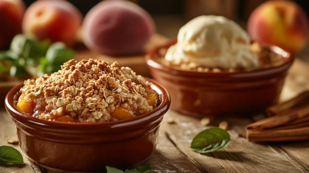 Peach crisp and peach crumble side by side, showing their differences in topping texture.