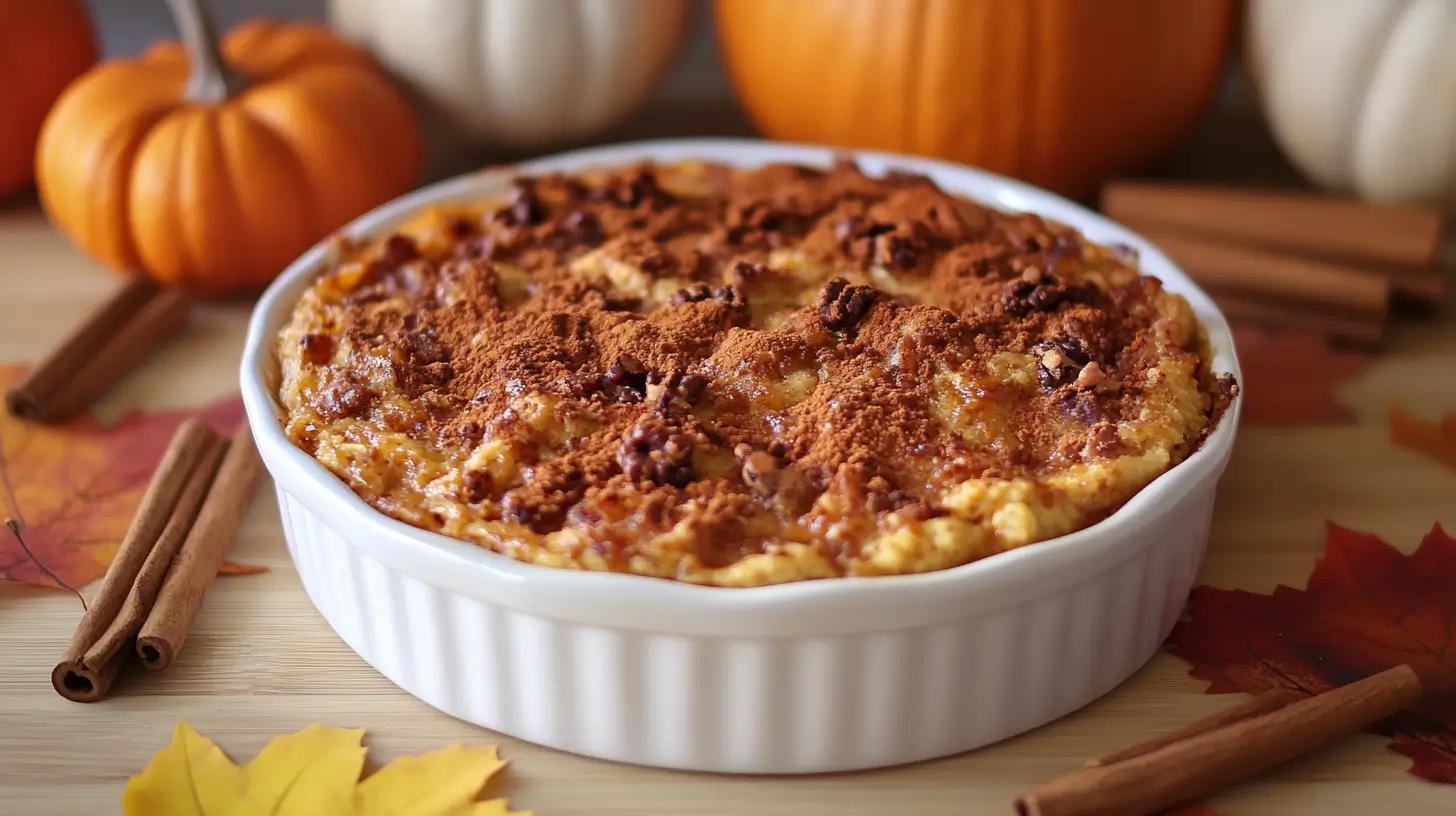 A pumpkin dump cake with a golden brown topping in a cozy fall kitchen setting.