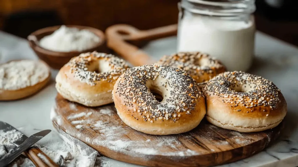 Freshly baked sourdough bagels on a wooden board with baking tools.