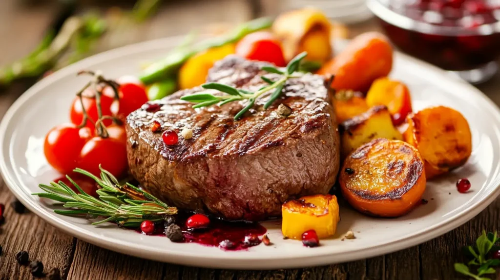 Plated venison steak with vegetables and berry sauce.