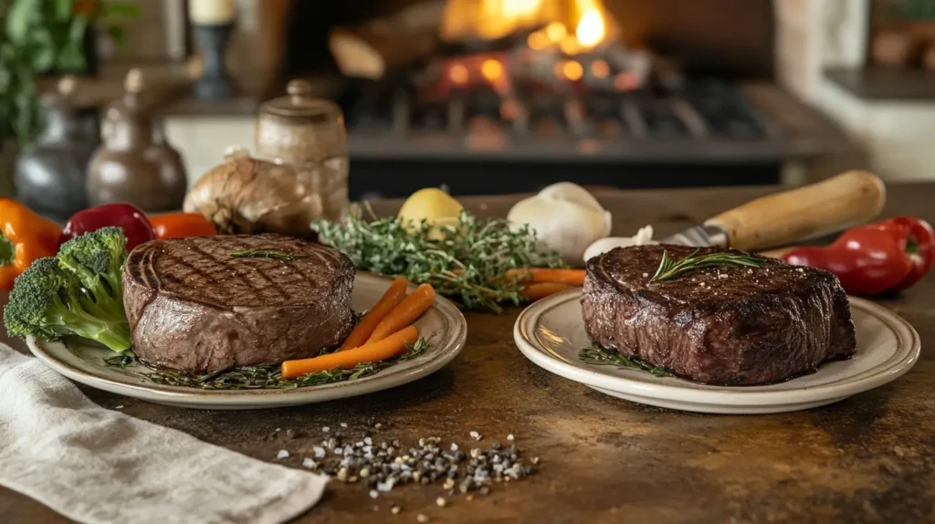 Comparison of venison and beef steaks on a rustic counter.