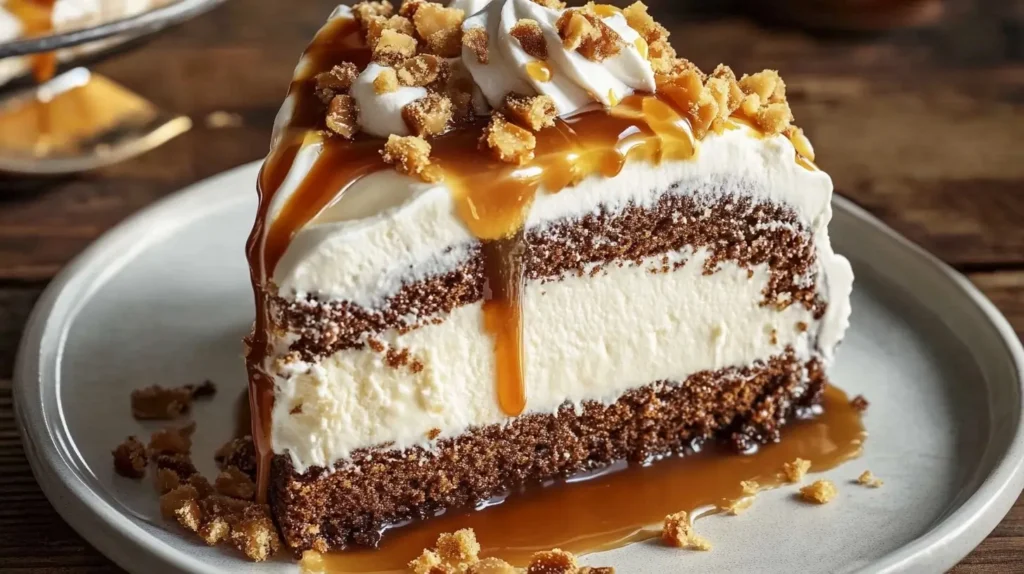 Caramel sauce being poured into poke holes in a chocolate cake.