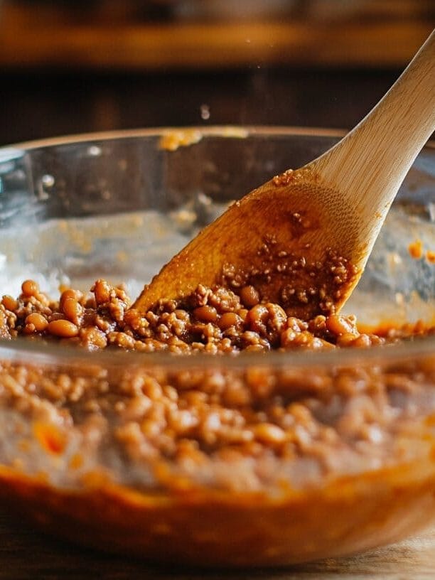 Ground beef, baked beans, and sauce being mixed in a bowl