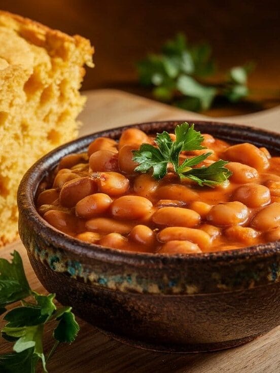 A slice of cornbread served with baked beans