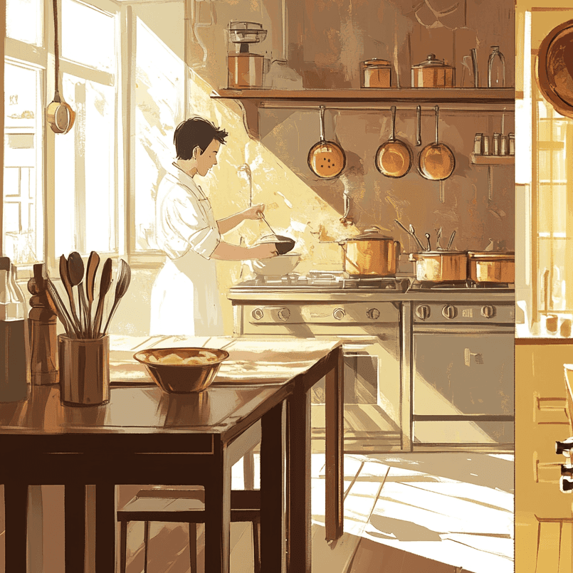 French and Italian kitchens with Crème Brûlée and Panna Cotta preparation scenes.