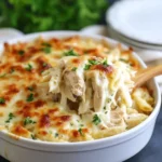 Creamy dump and bake chicken alfredo pasta casserole in a white baking dish, topped with melted cheese